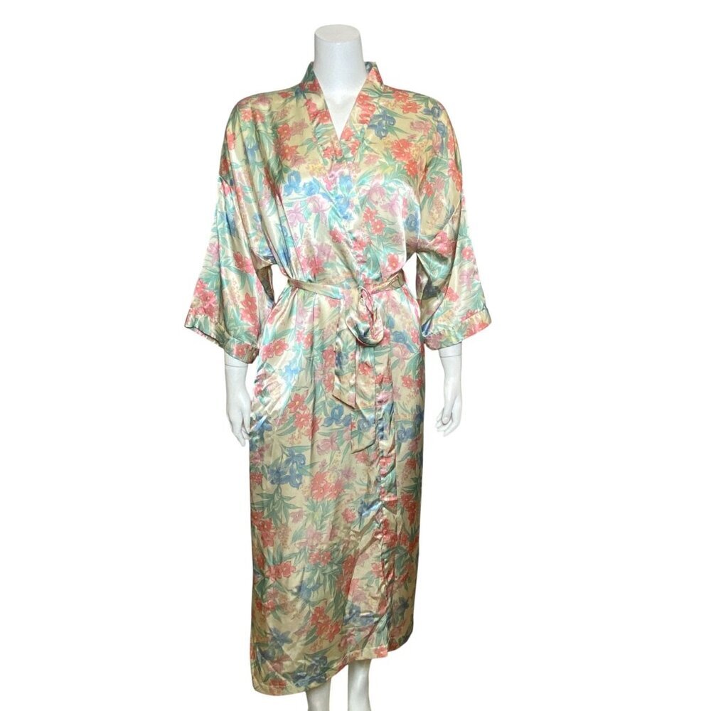 Vintage Beth Michaels Floral Satin Robe Womens Size M Belted Tie Waist